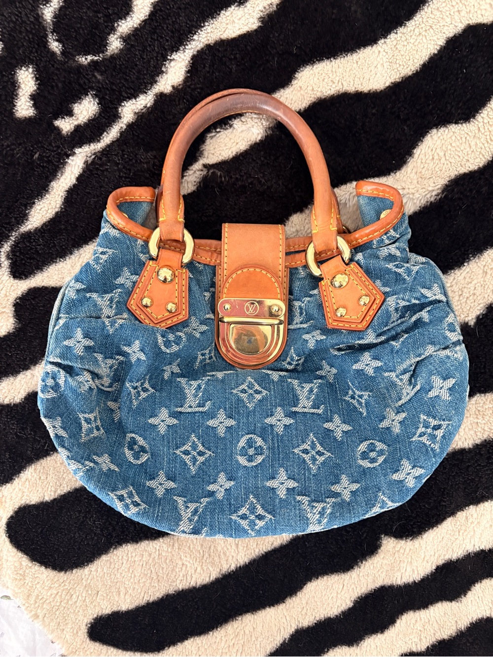 Louis Vuitton Denim Monogram Satchel with Tan Leather & Gold Hardware